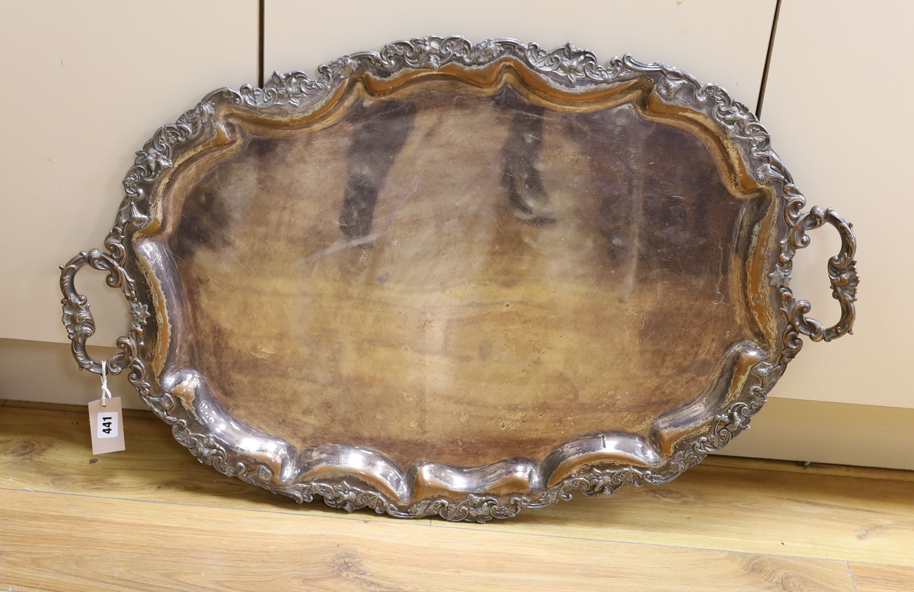 A large plated tray, 83 cms wide including handles.
